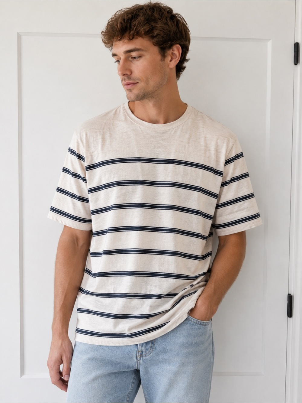 Abercrombie & Fitch Cream Tee with Navy Stripes